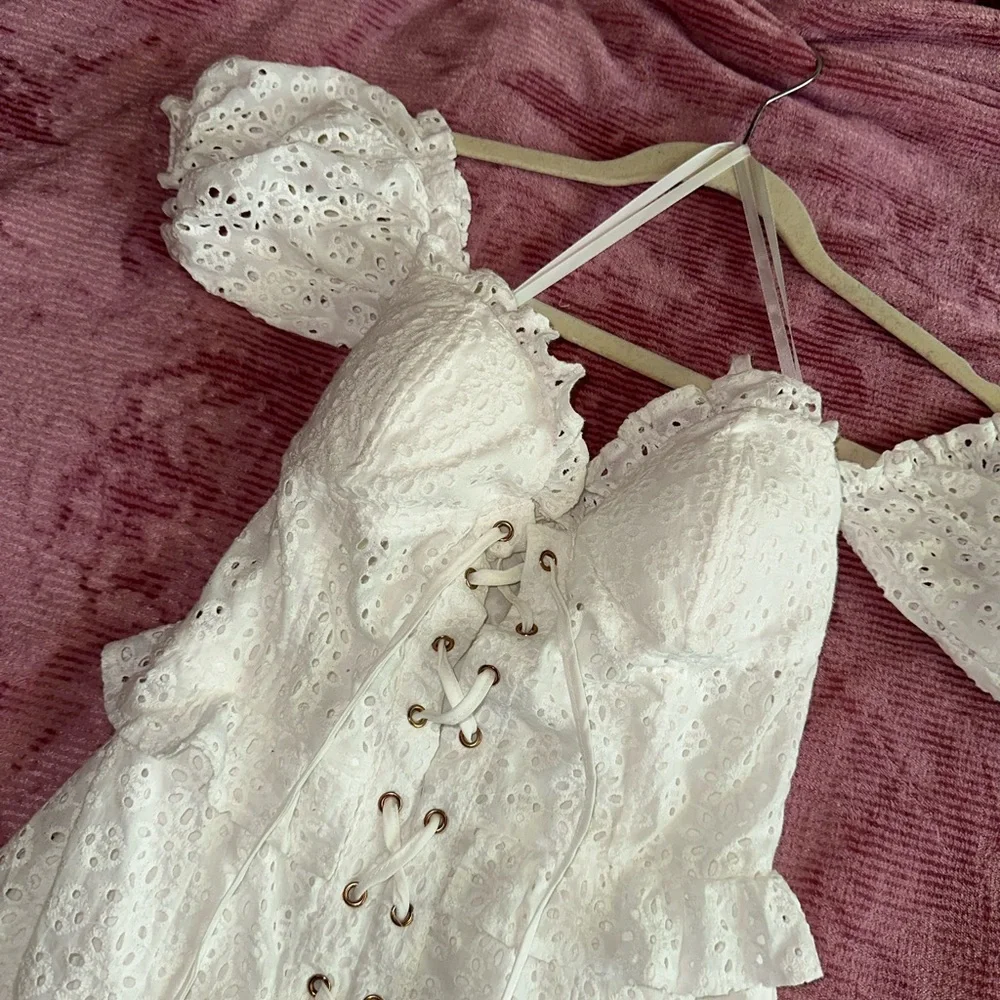 cottagecore white lace up puff sleeve dress - Picture 5 of 5